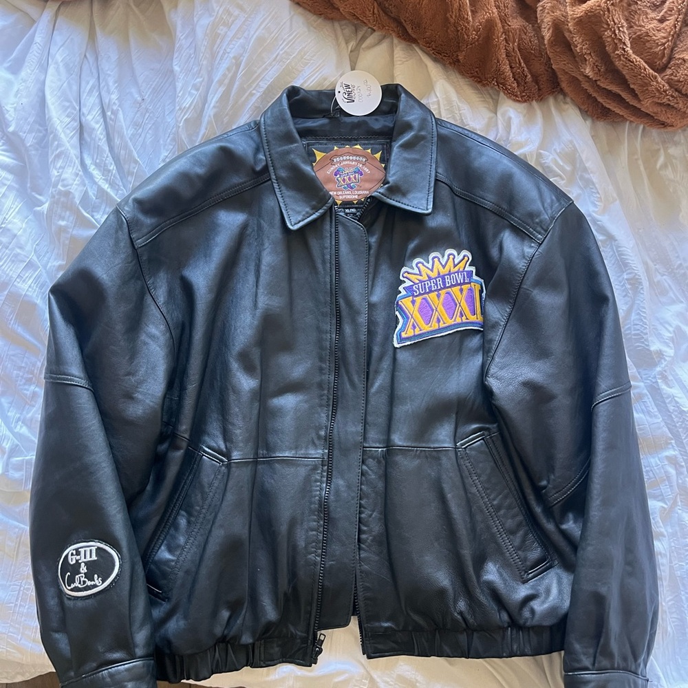 G-III Black Leather Jacket with Super Bowl XXXI Logo